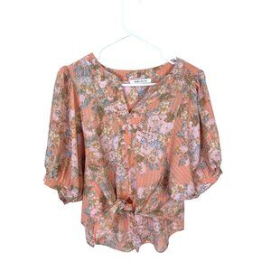 Rose + Olive Womens Peach Blouse Floral Tie Front Puff Sleeve Pink Small
